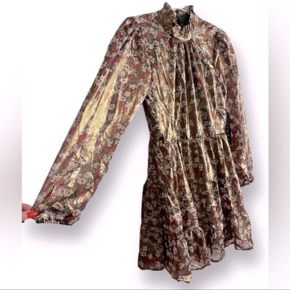NWT TRIXXI Smock Neck Long Sleeve Metallic Floral Mini Dress Sz. Medium - Picture 6 of 13